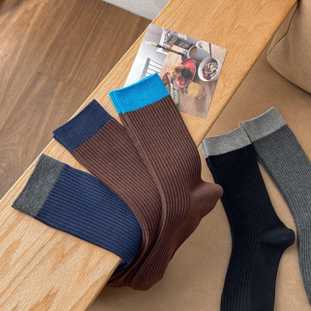 Trendy Retro Dark Blue/Brown Mid-Calf Cotton Socks — Slimming, Puffy & Non-Constricting for Autumn/Winter