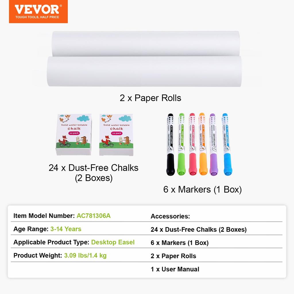 VEVOR Easel Accessory Set, 32 PCS Kid's Art Easel Painting Kit Including Chalks, Dry-Erase Markers & Paper Rolls