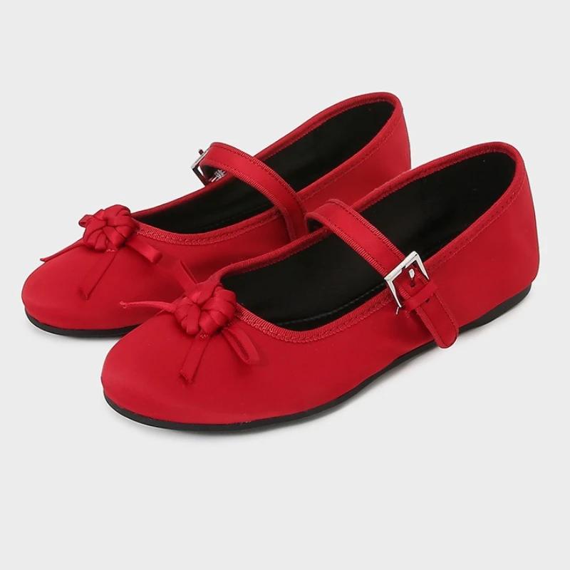 Fashion High Quality Satin Red Ballet Flats Women Elegant Bow Narrow Buckle Design Brand Mary Jane Shoes Concise Lightweight Casual Shoe
