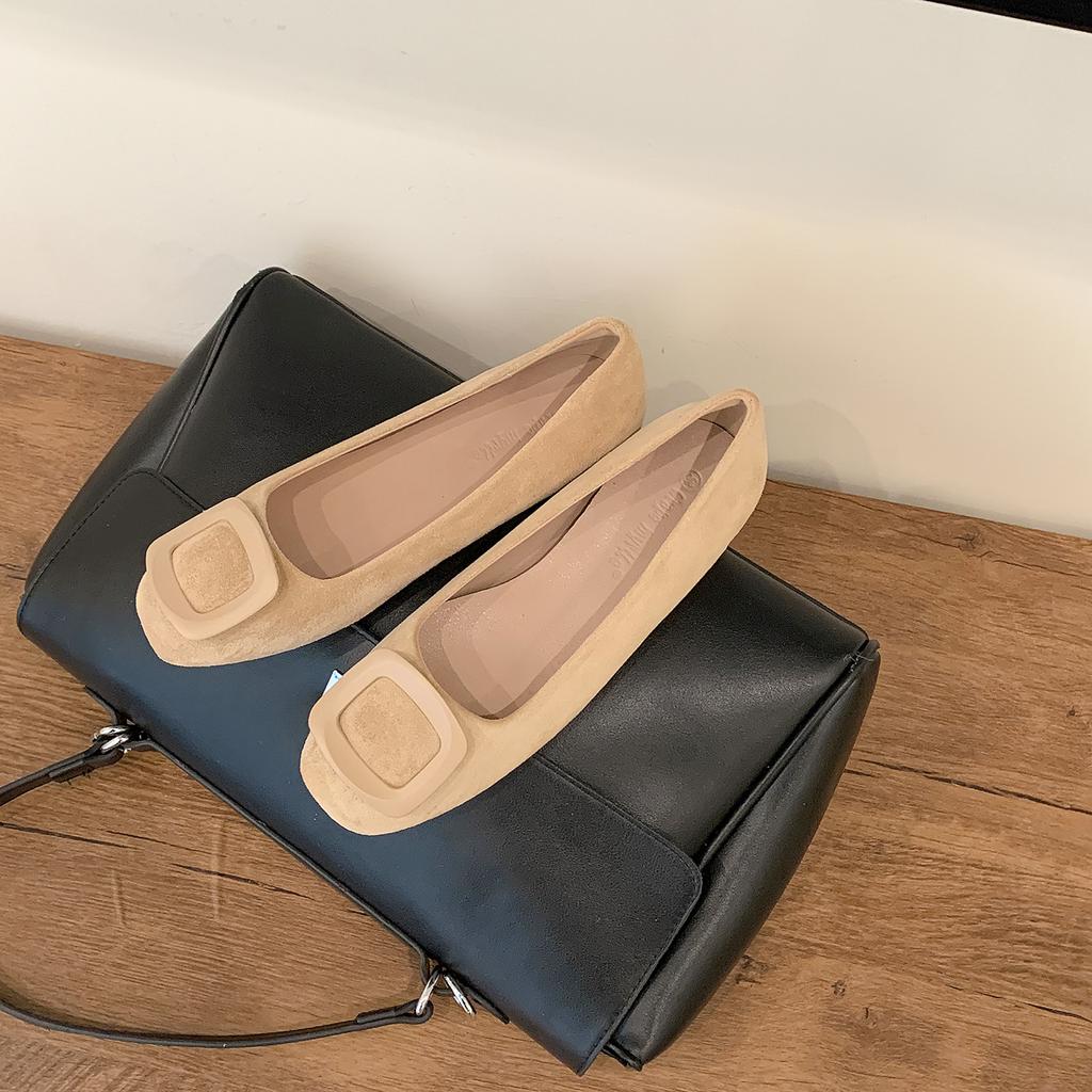 Leather Version~ Temperament Square Buckle Flat-bottomed Commuter Women's Shoes, New Suede Round Head Versatile Small Inner Height-increasing Single