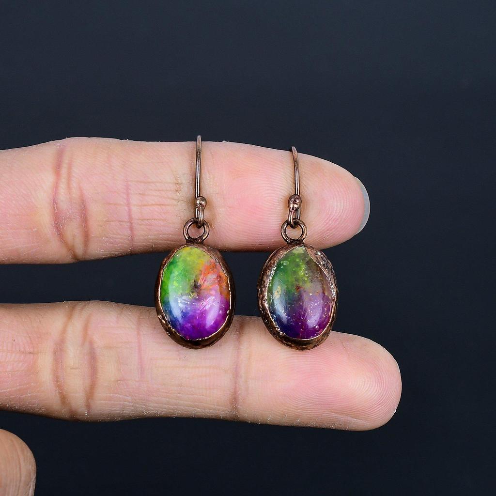 Rainbow Solar Quartz Earrings Gemstone Jewelry, Copper Electroformed Handmade Earrings, Latest Design Jewelry
