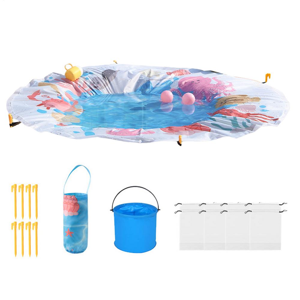 140cm Beach Kiddie Pool with Water Bucket and Carry Bag Foldable Toddler Paddling Pool Sandproof Water Play Summer Outdoor Toys