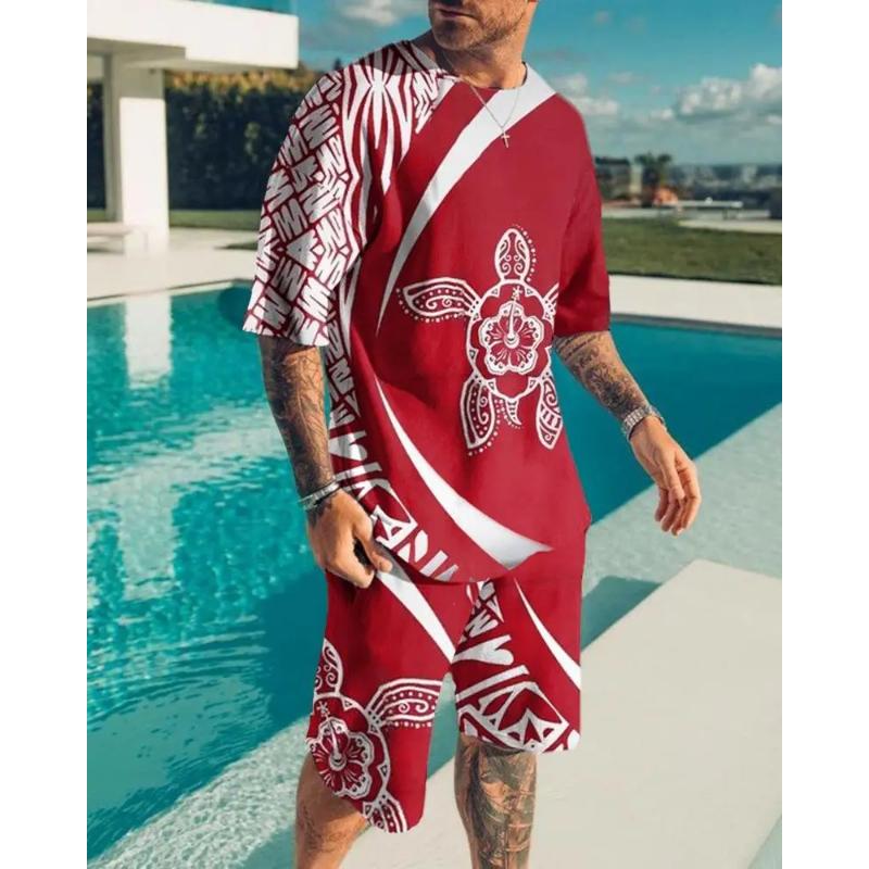 Hawaiian Men's Tracksuit Beach Scenery O-Neck Short Sleeves Shorts 2 Piece Sport Outfit Fashion T-Shirt Men Clothing Casual Suit