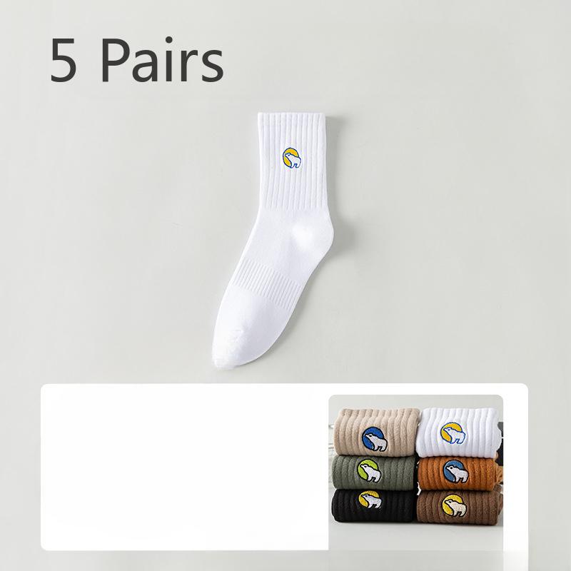 5 Pairs of Men's Autumn Cotton Sports Thick Embroidered Sweat Absorbing Deodorizing Mid Tube Socks