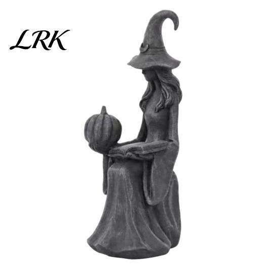 Fall Holiday Decorations Halloween Witch Statue, Gothic Figurine with Pumpkin And Book, Matte Black Culture Collectibles Sculpture, Mantel Shelf Desk