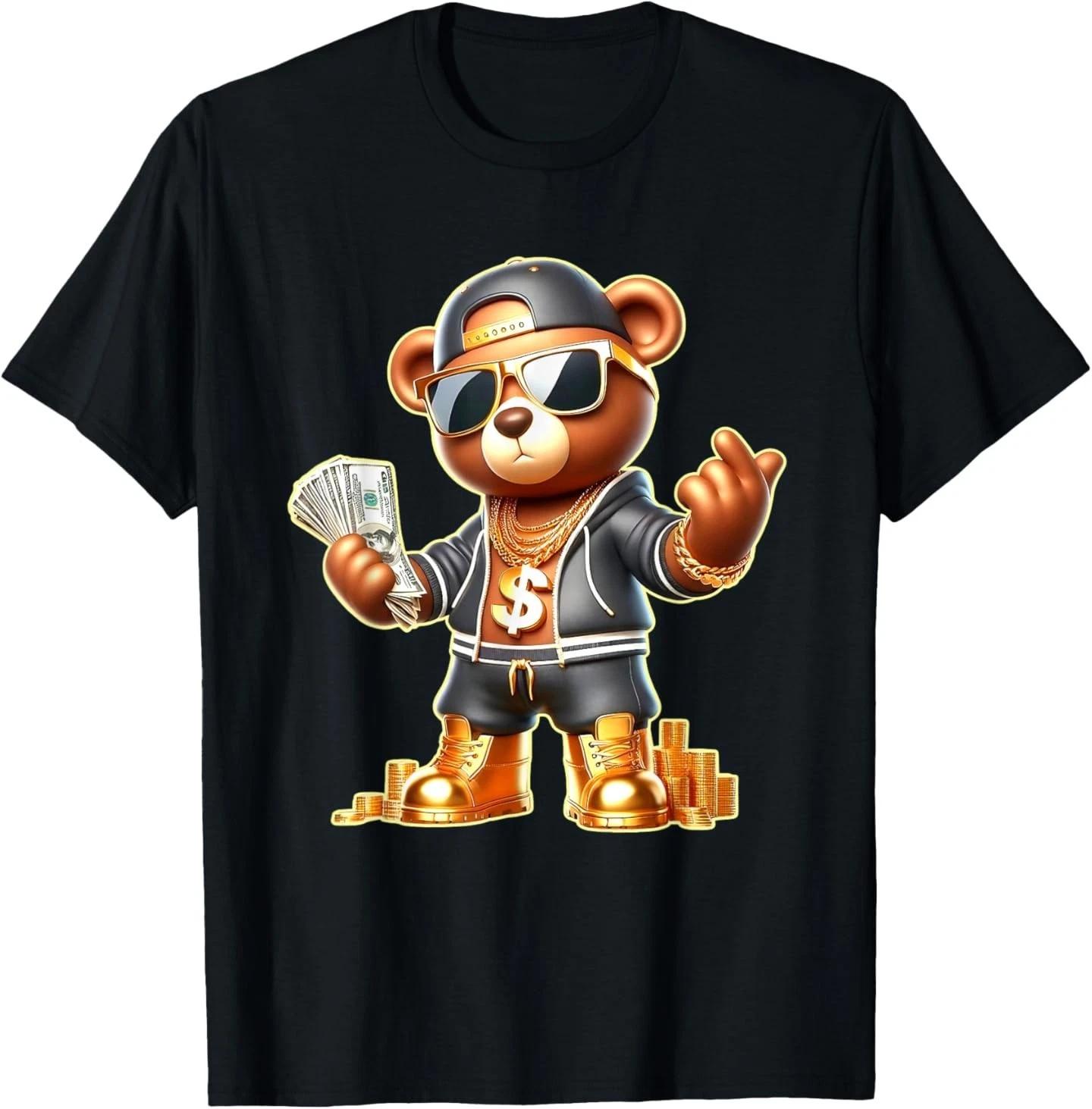 Golden Teddy Bear Money Stacks Golden Chain Gangsta T- Shirt XL