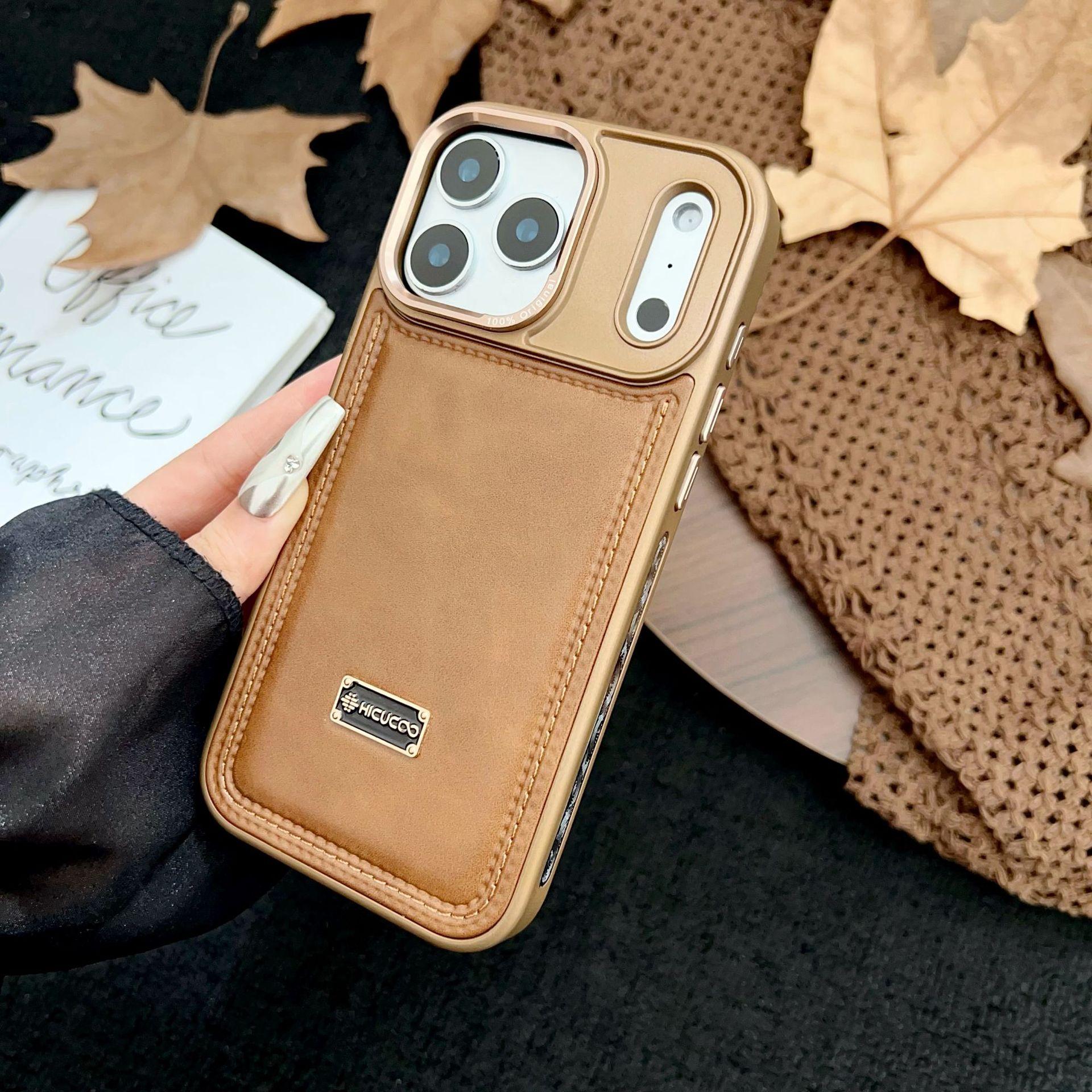 

High-end Cowhide Business Leather Case for iPhone 17 Pro Max 16 Plus 17 Air 16 15 14 13 Pro Plating Lens Stitching Phone Shell iPhone Air коричневый