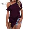 Tops Chain Shoulder Strap Short Sleeve Irregular Hem Shirring Tee Top Women T-shirt Skew Collar One Loose Pullover