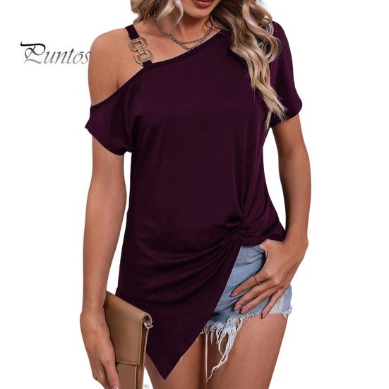 Tops Chain Shoulder Strap Short Sleeve Irregular Hem Shirring Tee Top Women T-shirt Skew Collar One Loose Pullover