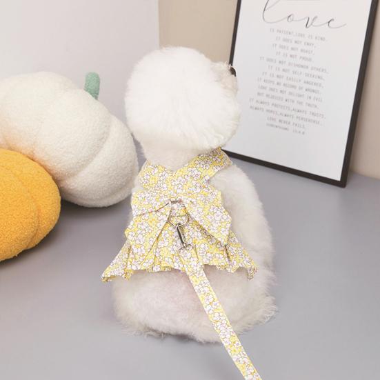 Yousheng Pet Dress Breathable Ruffle Trim Polyester Fashion Bowknot Floral Printing Puppy Dress Harness for Outdoors