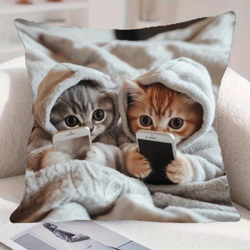 Pandara Jewelry Unisex 1Pc Cats In Pajamas Playing Phone Cute Themed Printed Throw Pillow Cover, Suitable For Sofa, Bedroom, Living Room, Gaming Room,