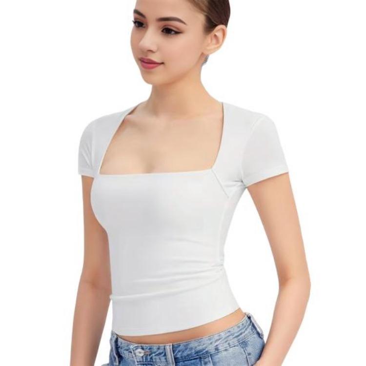 Summer Women T Shirt Streetwear Short Sleeve Square Collar Slim Fit Solid Color Pullover Top