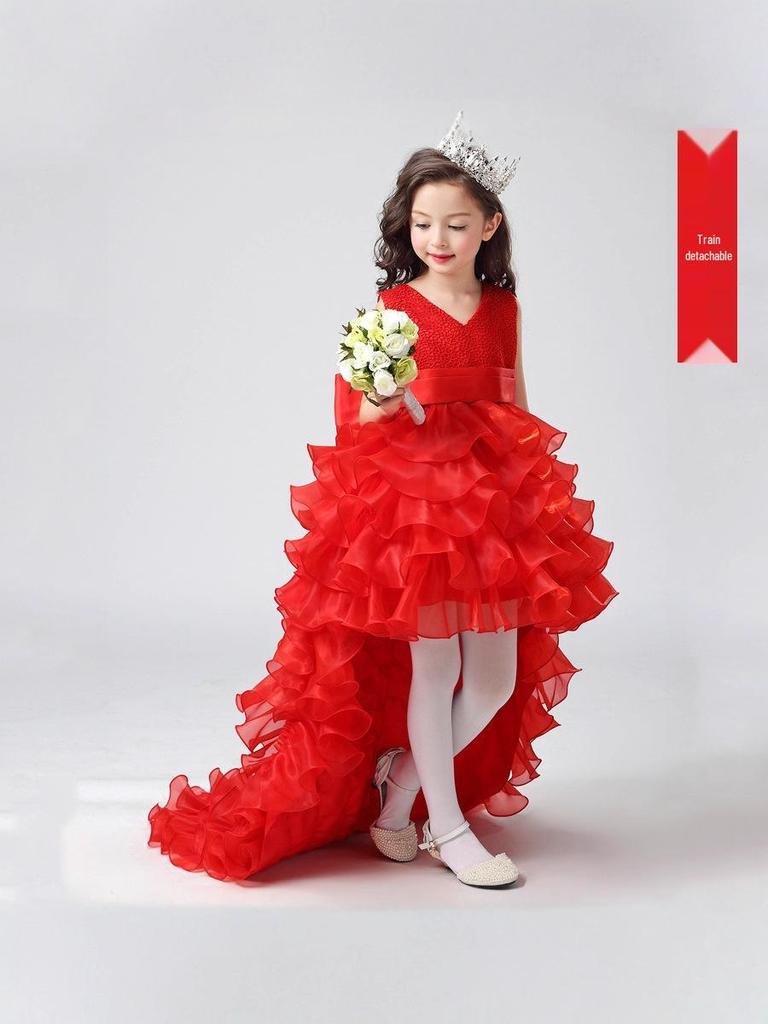 Girls' High-End Formal Princess Dress with Removable Train - Perfect for Weddings, Flower Girls, and Piano Performances