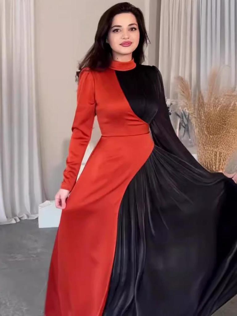 Women's Retro Slimming Evening Dress - Color Block, Round Neck, Long Sleeve, High Waist