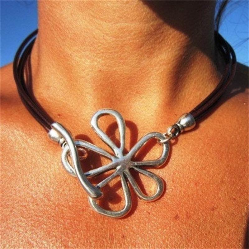 Tibetan Silver Abstract Large Hollow Flowers Charms Pendant Necklace With Black Faux Suede Cord Long Necklace Handmade Jewelry