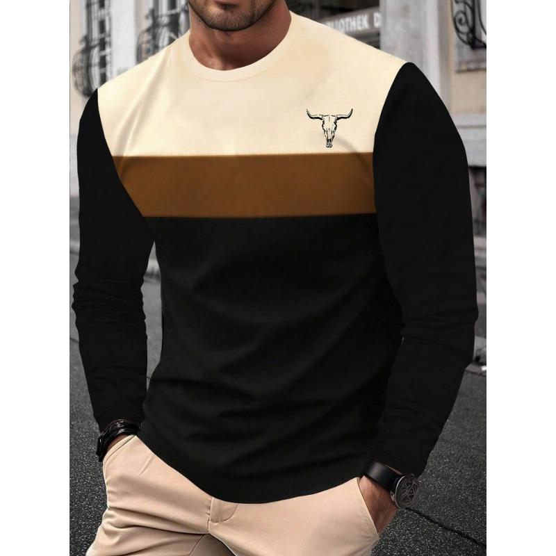 Autumn Fashion Men's Eagle Print Long Sleeve T-shirt Striped Casual Sports Sweatshirt Loose Top Men's Commuter Long Sleeve