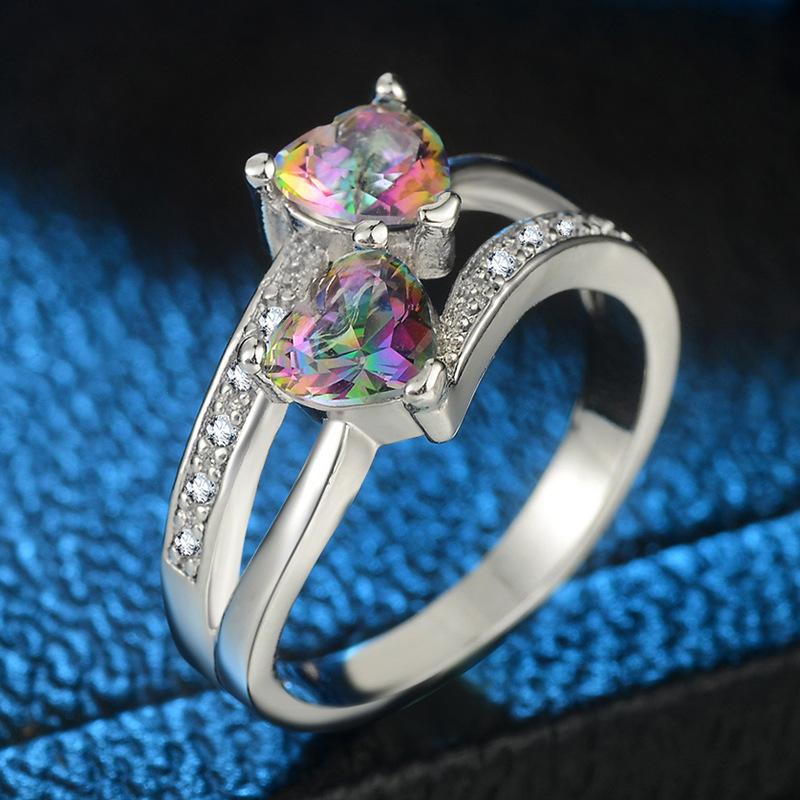 Popular Color Double Heart-Shaped Colorful Zircon Ring, Platform Jewelry.