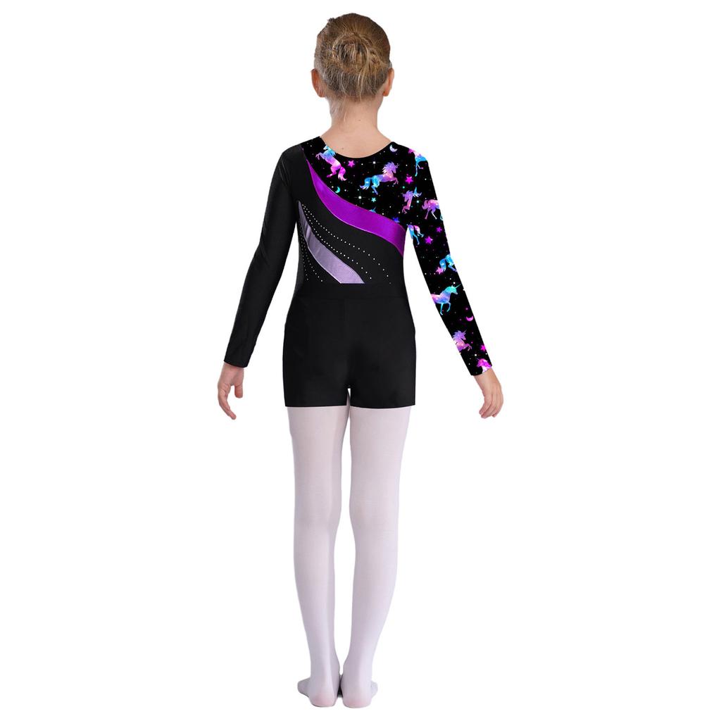 Girls Long Sleeve Round Neck Rhinestones Printed Patchwork Leotard V Front Waistband Shorts Dance Set