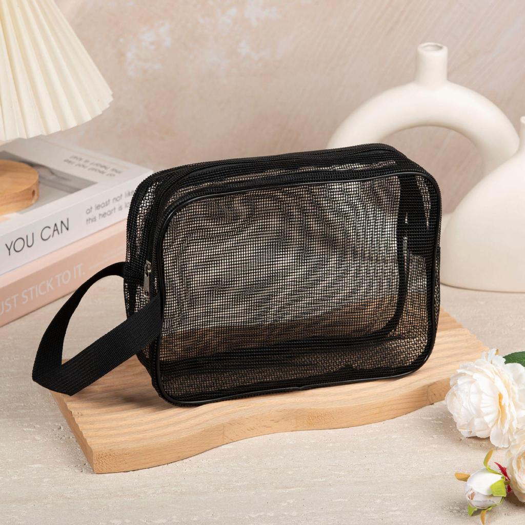 Portable Black Leak-Proof Mesh Bag for Bath, Gym, and Storage - Unisex Shower and Makeup Toiletries Bag