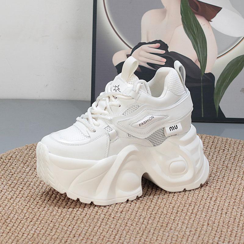 Fashion 10CM Air Mesh Microfiber Leather Chunky Sneaker Ankle Boots Shoes Women Flatform Wedge Bling High Brand Comfy Summer