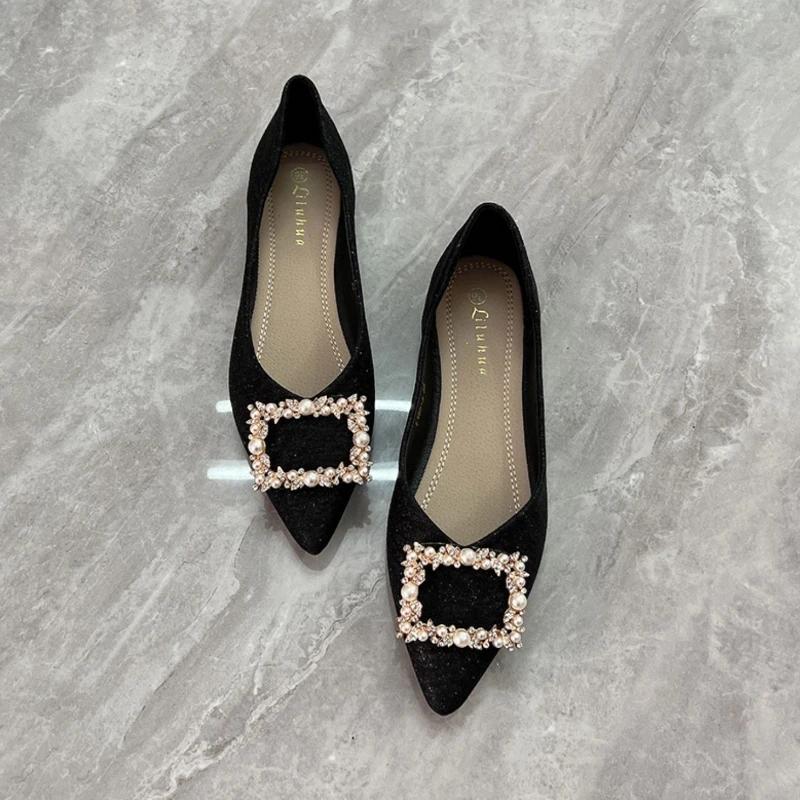 Fashion Pointed Toe Diamond Rhinestone Black Low Heel Elegant Woman Flats with Crystals Shoes for Women Clothing Trend 2025 High Quality