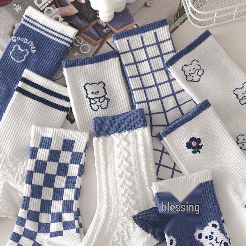 Blue Women's Mid-Calf Socks with Cute Cartoon Bear Design - Korean Style, Trendy for All Seasons