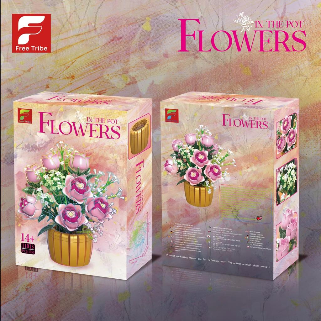 Non-Toxic 1056Pcs Pink Rose Potted Building Blocks Flower Vase Model Bricks Desktop Ornament Romantic Gift Educational Diy Toys For Kids