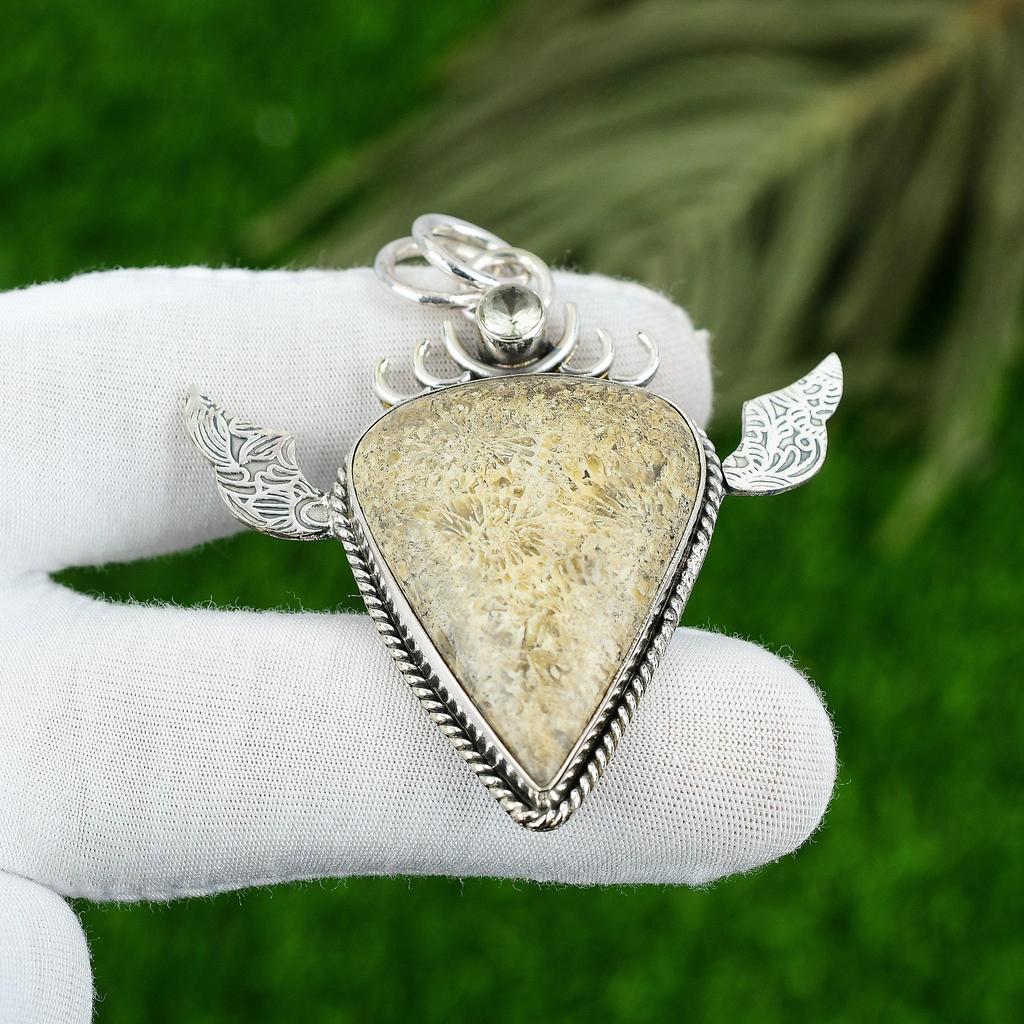 Natural Fossil Coral Topaz 925 Silver Bezel Anniversary Birthday Pendant Jewelry