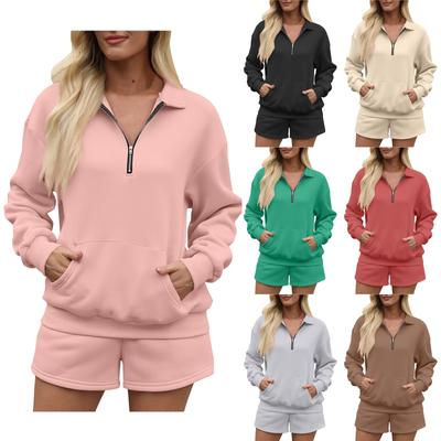 Women's Solid Color Standing Collar Zipper Pullover Long Sleeve Set Athletic Shorts Home Pajama Set