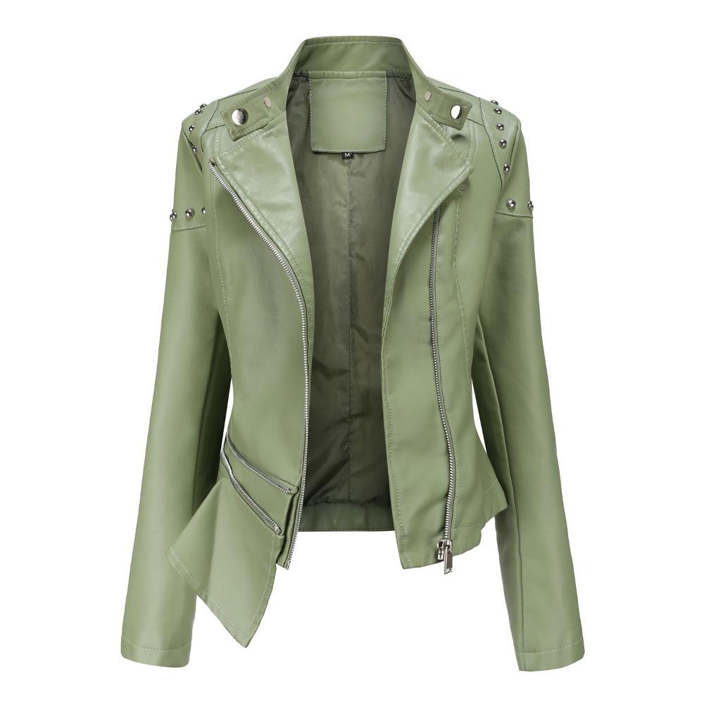 Neue Nietenmode Stehkragen Ledermantel Damen Einfarbige Jacke Damen Frühlings- und Herbstmantel Damen Nieten Ledermantel