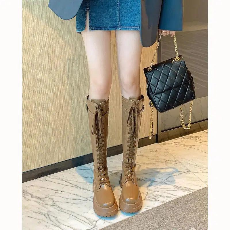 New Style of Women's Shoes with Lace-up Boots, Thick-soled Knee-length Boots and High Boots