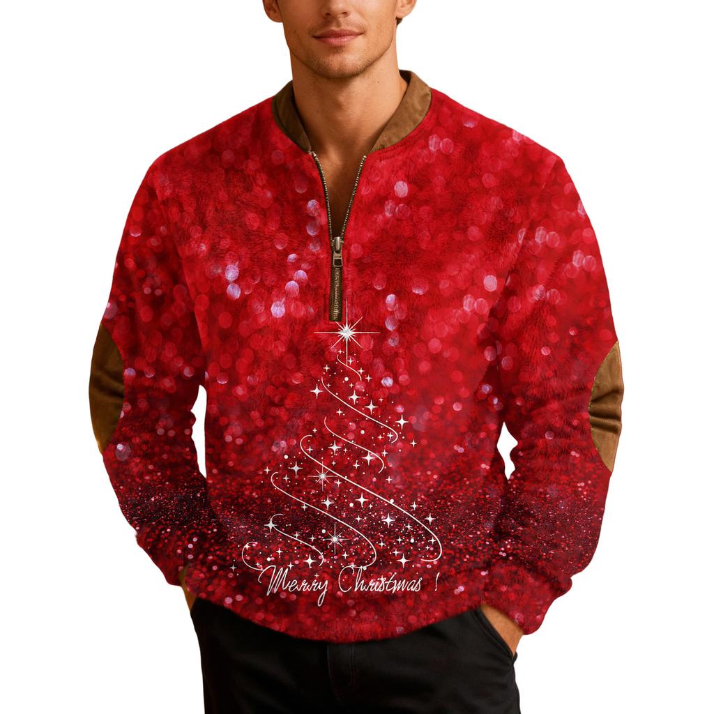 Mens Christmas Zip Up Sweatshirts Xmas Stand Collar Pullover Tops