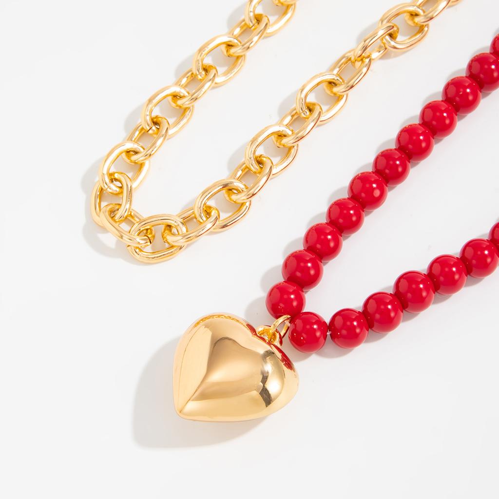 Goth Love Heart OT Buckle Pendant Choker Necklace for Women Vintage Red Plastic Beads Chain Daily Jewelry Gift