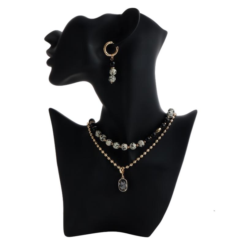 1/2 Set Vintage Black Stone Bead Double Layer Necklace Durable Fashion Jewelry for Women Outdoor Activity Wear