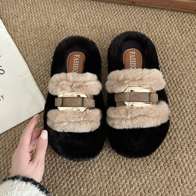 Women Fur Slippers Flats Shoes Casual Short Plush Cozy Winter Open Toe Flip Flops 2025 New Trend Slingback Slides Mujer
