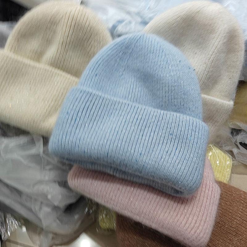 Winter Hats For Women Rabbit Fur Shiny Knitted Beanie Baggy Caps Korean Style Sweet Simple Bonnet Solid Color New
