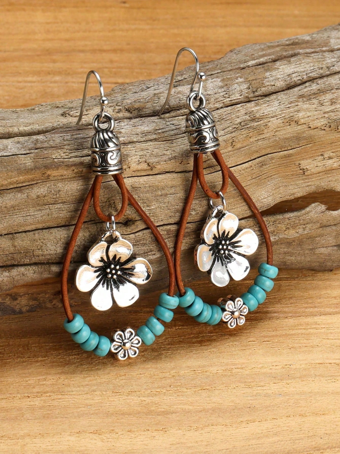 

1 Pair Bohemian Style Alloy Plum Blossom Pendant With Turquoise Beads, Double Layer Dangle Earrings, Vintage Fashionable Jewelry Gift one-size разноцветный