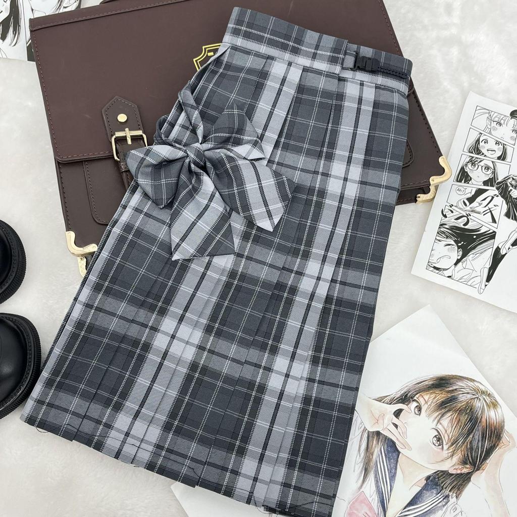 Winter Gray Plaid High-Waist Slimming JK School Uniform Pleated A-line Midi Skirt