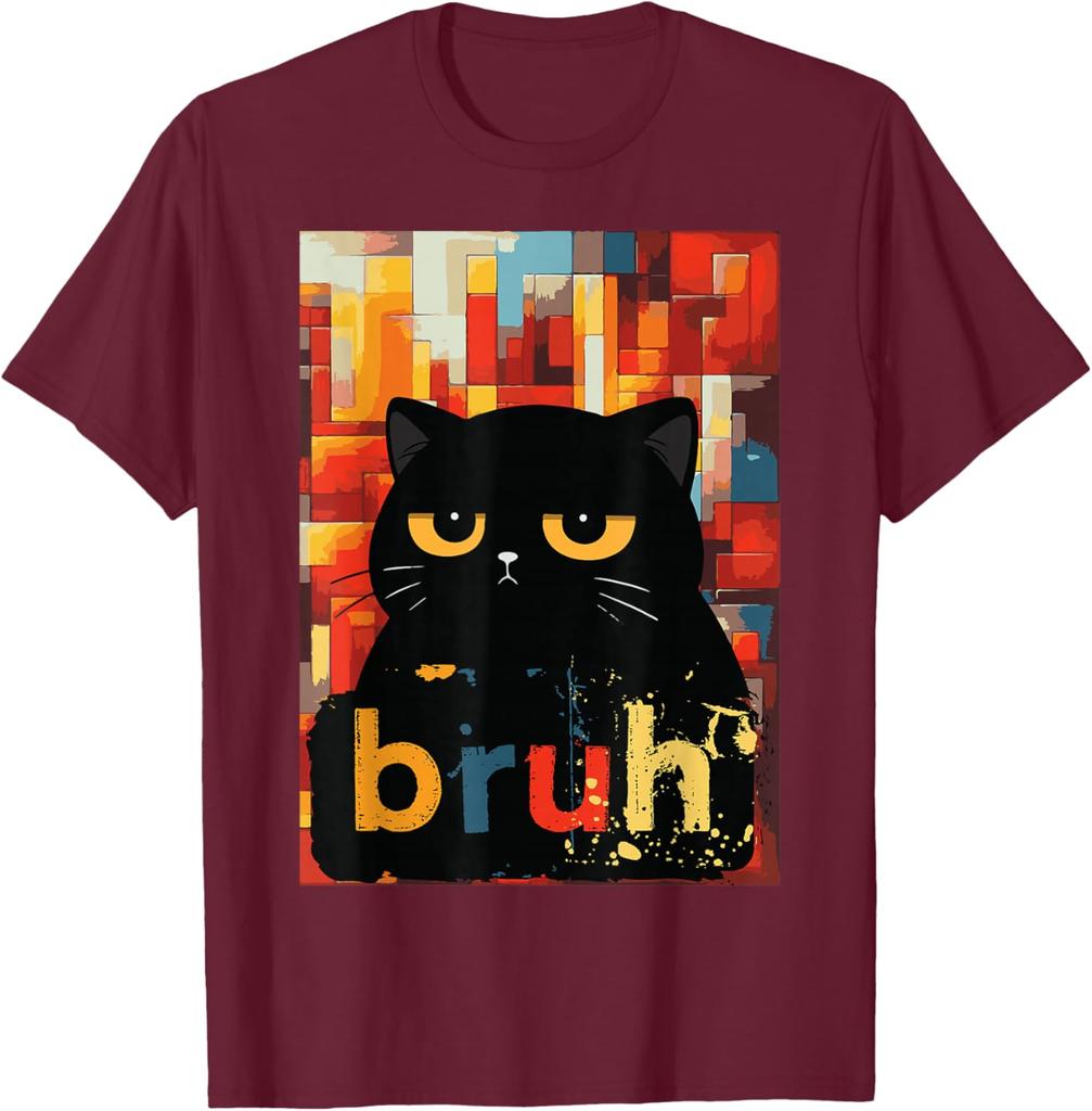 Bruh Black Cat Funny Meme Graphic TShirt Casual Short Sleeve Cotton Crew Neck Tee