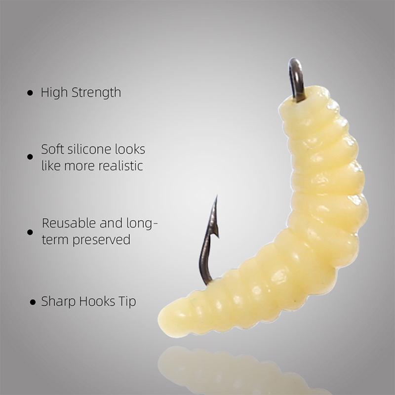 20Pcs Grub Lures Rubber Bread Worm Maggots Fishing Bait Set With Hooks For Bass Trout Crappie Bluegill Freshwater Fishing Parts