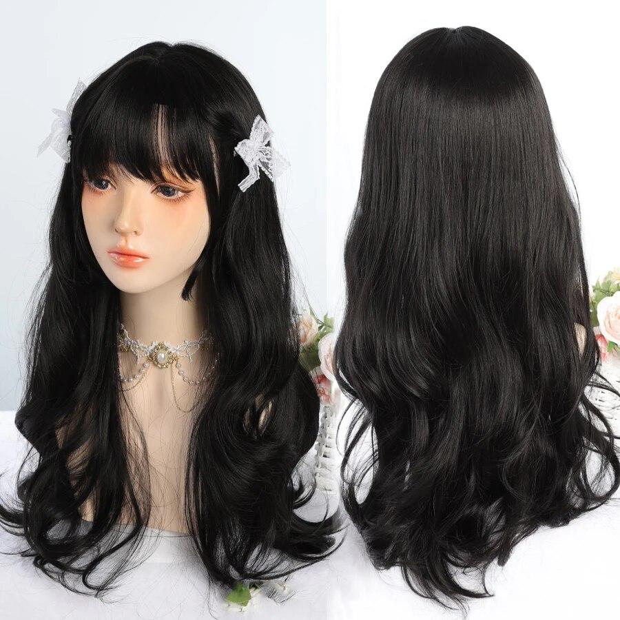 Synthetic Natural Black Wigs Long Wavy Wig for Women with Bangs Halloween Party Daily Heat Resistant Fibre Hair Wigs