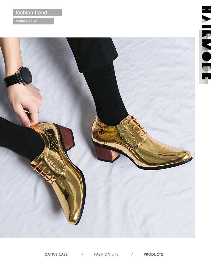 Men's Gold Pointed High Heel Leather Boots - Large Size, Retro Business Casual for Spring and Autumn