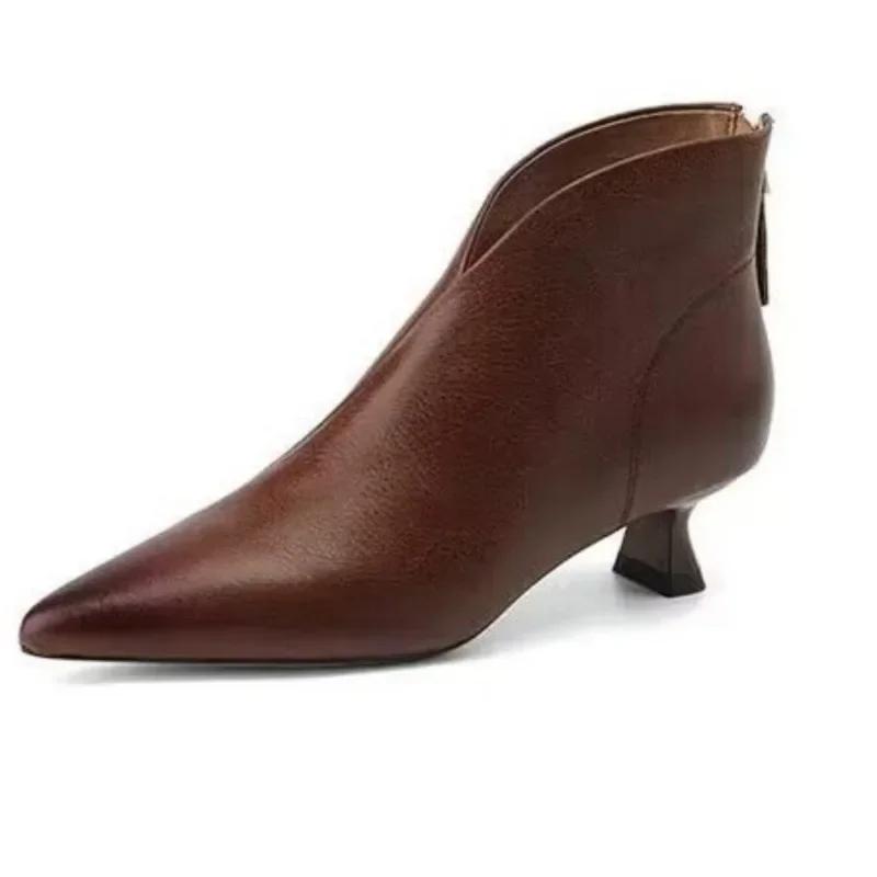 Осенне-зимние женские ботильоны с острым носком, модные элегантные короткие ботильоны с молниями, винтажные женские туфли на квадратном каблуке, повседневная обувь