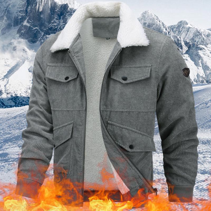 Winter Corduroy Jacket Men's Casual Thickened Fleece-lined Warm Parka Hiking Camping Fur Collar Windproof Work Coat