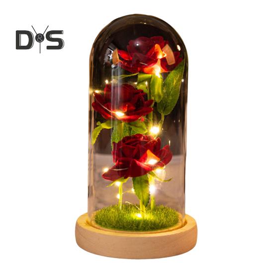 Konserverad ros i glaskupa LED-ljus Evig blomma Romantisk Evighetsros Gåva för kvinnor Alla hjärtans dag Mors dag
