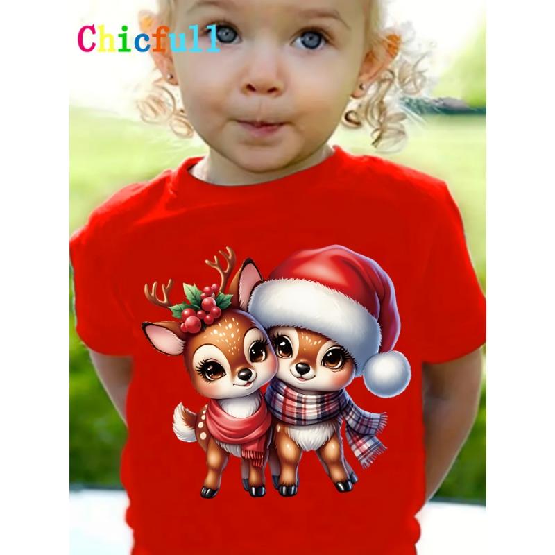 Kids Clothes Cute Animals Printing Christmas T-Shirt Festive Short Sleeve Boys Girls Clothes 2-14Y Christmas Gift Child Top Tee