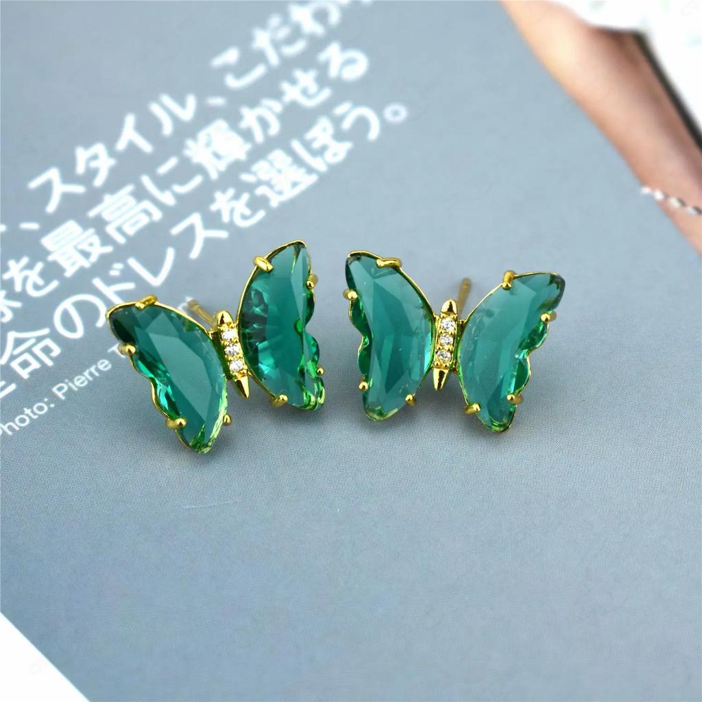Crystal Glass Butterfly Stud Earring for Women Hole Green Transparent Animal Jewelry Christmas Girl Gift