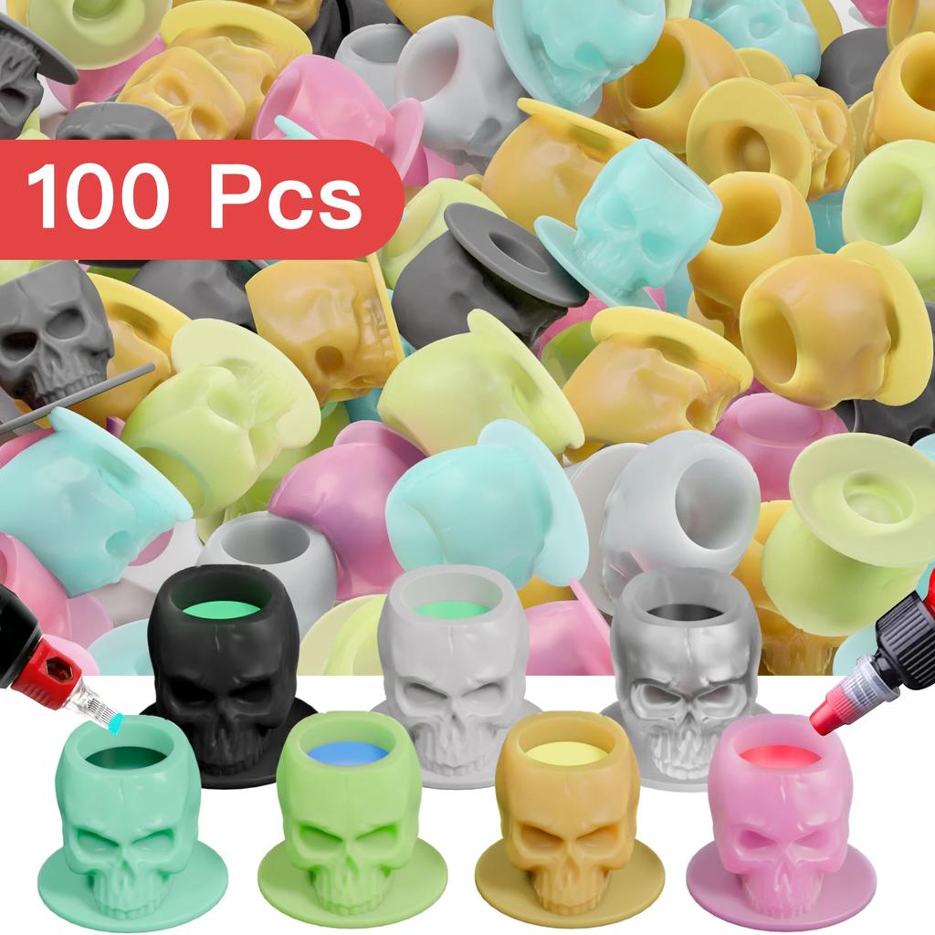 100PCS Tattoo Ink Cup Skull Disposable Silicone Tape Base Plastic Permanent Makeup Tattoo Pigment Cup Tattoo Accessories