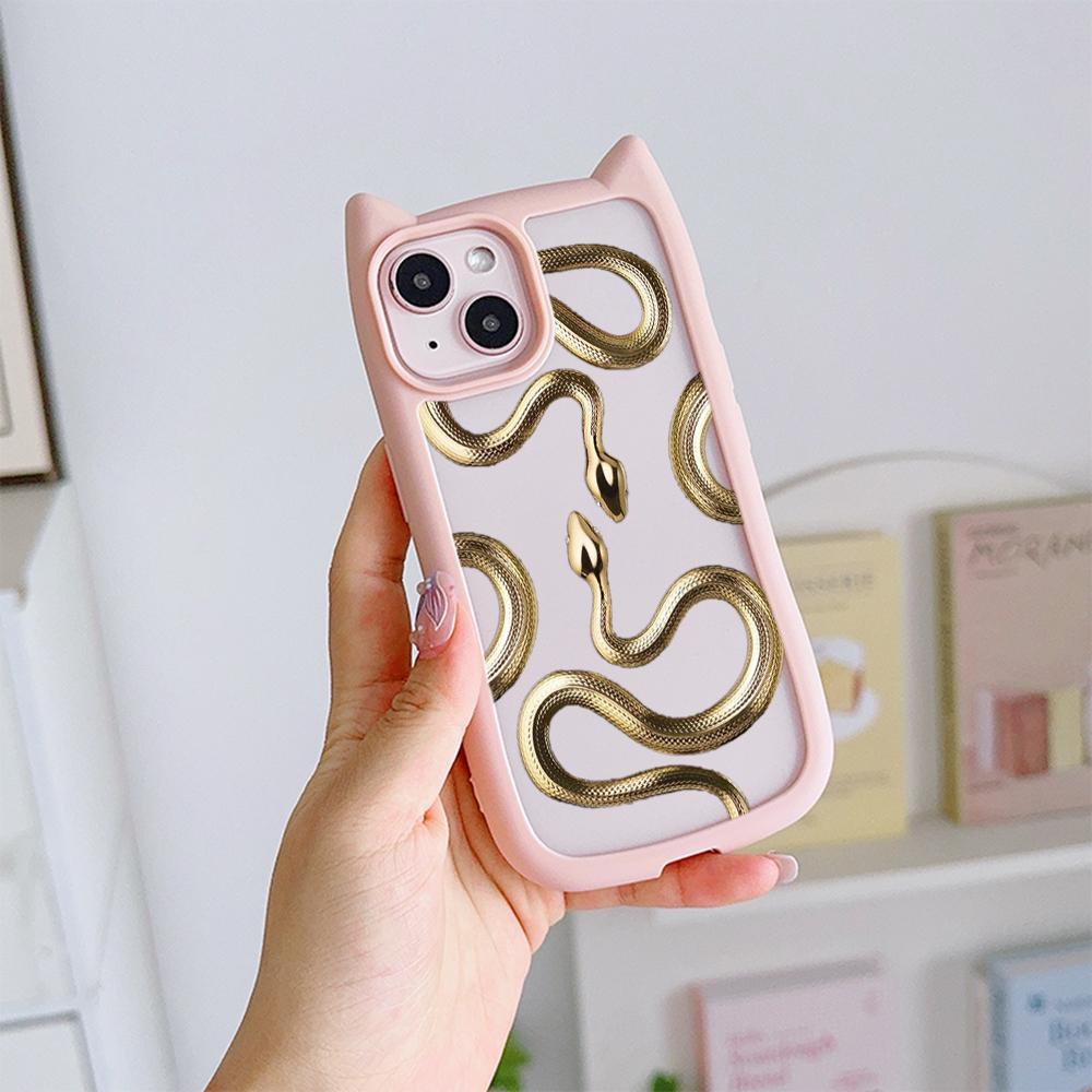 Cat Ear Soft Phone Case for iPhone 16 15 14 13 12 11 Pro Max Plus XR X TPU Anti-Drop Transparent Acrylic Back Cover NY25 Black Gold Snake design
