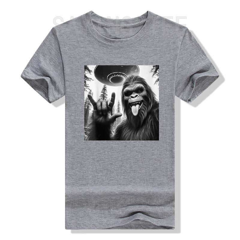 Funny Sasquatch Bigfoot Rock on Selfie with UFO Alien T-Shirt Humorous Father's Day Daddy Gift Short Sleeve Awesome Saying Tee